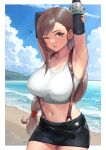  1girl absurdres arm_up armpits beach belt black_belt black_skirt blue_sky border breasts brown_eyes brown_hair cloud collarbone cowboy_shot crop_top day elbow_gloves final_fantasy final_fantasy_vii gloves highres large_breasts long_hair looking_at_viewer low-tied_long_hair midriff miniskirt navel nelnel76121122 notice_lines ocean one_eye_closed open_mouth outdoors skirt sky solo suspender_skirt suspenders tank_top tifa_lockhart white_border white_tank_top 