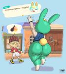  absurd_res animal_crossing anthro big_butt blood bodily_fluids bottomless bulge butt clothed clothing eyewear footwear glasses hi_res human joaoppereiraus lagomorph leporid male mammal nintendo nosebleed rabbit rear_view sasha_(animal_crossing) shoes thick_thighs wearing_glasses 