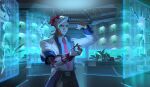  1boy absurdres belt closed_mouth coat highres id_card indoors labcoat lifeweaver_(overwatch) looking_at_object male_focus mechanical_arms monitor necktie official_art open_clothes open_coat overwatch overwatch_2 pants pink_necktie plant shirt single_mechanical_arm solo v-shaped_eyebrows white_hair white_sleeves 