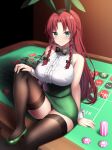  1girl animal_ears black_thighhighs blush braid breasts buttons closed_mouth fake_animal_ears green_eyes green_footwear highres hong_meiling indoors large_breasts long_hair poker_chip poker_table rabbit_ears red_hair ruhika shoes sitting smile solo table thighhighs touhou twin_braids wrist_cuffs 