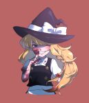  1girl absurdres apron black_eyes black_headwear black_vest blonde_hair blood blood_on_clothes blood_on_face blood_on_hands blush bow braid commentary_request cookie_(touhou) cowboy_shot cropped_legs empty_eyes finger_to_mouth fingernails flat_chest grin hair_bow hat hat_bow highres kirisame_marisa long_hair looking_at_viewer medium_bangs one_eye_closed puffy_short_sleeves puffy_sleeves red_background red_bow s_(esumi_kihomaru) shaded_face shirt short_sleeves simple_background single_braid smile solo suzu_(cookie) touhou unusually_open_eyes vest waist_apron white_apron white_bow white_shirt witch_hat 