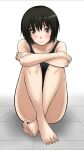  1girl amagami barefoot black_eyes black_hair black_one-piece_swimsuit blush bob_cut breasts closed_mouth commentary_request competition_swimsuit crossed_arms crossed_legs full_body highres jishaku_(user_rcuz2843) looking_at_viewer medium_breasts nanasaki_ai one-piece_swimsuit short_hair simple_background sitting smile solo swimsuit thighs 