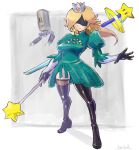  1girl blonde_hair blue_dress boots cosplay covered_eyes crown dress earrings facing_viewer full_body highres holding holding_weapon jewelry long_hair mario_(series) nier:automata nier_(series) oomasa_teikoku pod_(nier:automata) rosalina star_(symbol) star_earrings super_mario_galaxy thigh_boots weapon yorha_no._2_type_b yorha_no._2_type_b_(cosplay) 