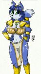  animal_humanoid anthro armor big_breasts blue_body blue_fur blue_hair breasts canid canine clothed clothing female fox foxchen fur gold_(metal) hair huge_breasts humanoid krystal mammal nintendo pubes solo star_fox thighs white_body white_fur 