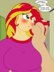  absurd_res badumsquish big_breasts blush breasts clothing equestria_girls felid female flirting_with_viewer hair_twirl hasbro hi_res humanoid looking_away mammal my_little_pony mythological_sphinx mythology shirt solo speech_bubble sunset_shimmer_(eg) t-shirt tall_girl topwear 
