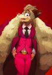  3rdharleyjoe 5_fingers american_opossum anthro claws clothing coat dress_shirt fingers hi_res looking_at_viewer male mammal marsupial necktie pockets red_(3rdharleyjoe) red_background red_clothing red_eyes red_suit sharp_teeth shirt simple_background solo stylish suit teeth thumbs_in_pockets topwear virginia_opossum 