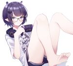  1girl absurdres bare_legs barefoot blue_eyes blunt_bangs controller expressionless game_controller glasses hair_ornament headphones headphones_around_neck highres holding holding_controller holding_game_controller hololive hololive_english looking_at_viewer mole mole_under_eye ninomae_ina&#039;nis ninomae_ina&#039;nis_(5th_costume) official_alternate_costume pixie_cut pointy_ears purple_hair ritzchrono shirt short_hair short_shorts short_sleeves shorts simple_background sitting solo t-shirt toes virtual_youtuber white_background white_shirt 