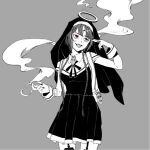  1girl akiwashi bandaid bandaid_on_face braid character_request cigarette facial_mark fingernails grey_background halo heterochromia holding holding_cigarette jewelry kamippoina_(vocaloid) monochrome nail_polish nun piercing ring smoke smoking spot_color tongue tongue_out tongue_piercing twin_braids 