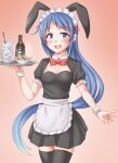  1girl alcohol alternate_costume animal_ears anti_(untea9) apron black_dress black_thighhighs blue_eyes blue_hair blush bottle breasts cup detached_collar dress drinking_glass fake_animal_ears food frilled_apron frills gradient_background gradient_hair highres holding holding_tray kantai_collection long_hair looking_at_viewer multicolored_hair open_mouth pink_background puffy_short_sleeves puffy_sleeves rabbit_ears samidare_(kancolle) short_sleeves small_breasts smile solo thighhighs tray very_long_hair waist_apron waitress 