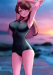  1girl absurdres armpits beach blue_one-piece_swimsuit blush brave_witches breasts brown_eyes brown_hair covered_navel hair_ribbon highres karibuchi_takami kuroniko large_breasts long_hair looking_at_viewer ocean one-piece_swimsuit one_eye_closed open_mouth outdoors presenting_armpit ribbon sky solo swimsuit world_witches_series 