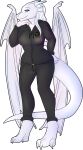  alpha_channel anthro bedroom_eyes bottomwear camp_soumet clothing dragon female hair hand_on_butt hand_under_chin hi_res jacket luvbites narrowed_eyes neonicink pants seductive selen_(elisonous) smile smiling_at_viewer solo topwear uniform white_hair wings 