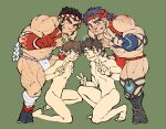  4boys ^_^ abs age_difference arm_hair bara blue_hair blush body_blush body_hair bulge chest_hair closed_eyes clothed_male_nude_male crossover dark_blue_hair facial_hair forked_eyebrows full_body fundoshi gammei_(live_a_hero) gradient_skin hachimaki hairy headband highres japanese_clothes large_pectorals leaning_forward live_a_hero long_sideburns looking_at_viewer male_focus male_protagonist_(live_a_hero) master_4_(housamo) mature_male multiple_boys muscular muscular_male navel navel_hair nejiri_hachimaki nipples nude official_alternate_costume pectorals red_fundoshi red_headband shirako_(kirupi) short_hair sideburns size_difference standing stomach stubble tajikarao_(housamo) thick_eyebrows thick_thighs thighs tokyo_afterschool_summoners topless_male tusks undercut v yaoi 