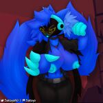  anthro belt belt_buckle big_breasts blue_body blue_fur blue_hair breasts choker clenched_fists clothed clothing coat_cape demon demon_humanoid erect_nipples evil_face female female_anthro female_focus female_humanoid fist fur hair hell helltaker hi_res huge_breasts humanoid inner_ear_fluff jewelry long_hair long_tail machine necklace nipples open_clothing open_mouth open_smile open_topwear partially_clothed protogen protogen_visor raised_arm raised_fist reaching_towards_viewer ruined_clothing shirt signature smile suit suit_jacket suit_pants tail thick_thighs topwear torn_clothing torn_shirt torn_topwear tuft yellow_eyes 