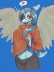  &lt;3 3:4 5_fingers amber_(gem) amber_(material) anthro blue_body blue_scales bone_frill bottomwear breasts clothed clothing colored eyeshadow fang_(gvh) feathered_wings feathers female fingers frill_(anatomy) glint goodbye_volcano_high grey_body grey_feathers hair hi_res jewelry jxzuke long_hair looking_at_viewer makeup markings midriff necklace pants pendant pink_clothing pink_sweater pink_topwear pterodactylus pterosaur raised_clothing raised_sweater raised_topwear red_eyes reptile scales scalie shaded short_tail silver_hair simple_background smile snoot_game snout solo speech_bubble spread_wings striped_markings striped_tail stripes sweater sweater_lift tail tail_markings tendocake topwear wings 