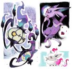  artist_name chandelure commentary espeon highres hisuian_zorua lampent no_humans open_mouth pokemon pokemon_(creature) twitter_username white_background zlayameduza 