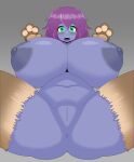  absurd_res anus big_breasts breasts brown_body brown_fur curvy_figure cute_fangs duskyer eyelashes female fur genitals glistening glistening_body green_eyes hair hi_res huge_breasts humanoid looking_at_viewer monster_girl_(genre) navel nipples open_mouth paws purple_body purple_hair purple_nipples pussy solo spread_legs spreading thick_thighs unknown_species voluptuous 