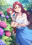  2girls :o bare_shoulders blue_bow blue_dress bow breasts capelet cleavage commentary_request dress dutch_angle flower highres hiroki_ree hydrangea jewelry kurosawa_ruby long_hair love_live! love_live!_sunshine!! multiple_girls pink_flower red_hair ring sakurauchi_riko sleeveless sleeveless_dress snail standing twintails very_long_hair watch white_capelet wristwatch yellow_eyes 