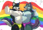  anthro belly belly_to_belly biceps blue_body blue_fur bulge canid canine canis clothed clothing colbythehusky domestic_dog flag fur grey_body hair holding_flag holding_object husky jockstrap jockstrap_only lgbt_pride male mammal muscular muscular_anthro muscular_male navel nordic_sled_dog open_mouth pecs pecs_touching pride_colors purple_hair rainbow_flag rainbow_pride_flag rainbow_symbol simple_background spitz topless toraxhiro underwear underwear_only wolf yukon 