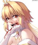  1girl absurdres archetype_earth arcueid_brunestud bare_shoulders blonde_hair blood blood_on_face blood_on_gloves breasts cleavage close-up commentary commission dootmoon english_commentary fangs gloves hair_intakes highres long_hair looking_at_viewer open_mouth red_eyes simple_background solo teeth tongue tsukihime twitter_username white_background white_gloves 