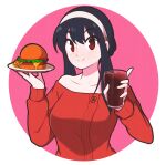  1girl absurdres bare_shoulders black_hair breasts burger cheese collarbone commentary cup food glass hairband highres holding holding_cup holding_plate jeff_miga lettuce long_hair long_sleeves off-shoulder_sweater off_shoulder plate red_eyes red_sleeves red_sweater sidelocks smile solo spy_x_family sweater symbol-only_commentary tomato white_hairband yor_briar 