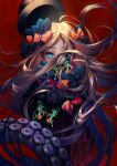  1girl abigail_williams_(fate) black_bow black_dress black_eyes black_headwear blonde_hair blue_eyes bow breasts bug butterfly commentary dress fate/grand_order fate_(series) forehead gradient_hair hair_bow hat heterochromia highres long_hair looking_at_viewer multicolored_hair multiple_hair_bows orange_bow parted_bangs purple_hair red_background ribbed_dress sleeves_past_fingers sleeves_past_wrists small_breasts solo tenobe tentacles unworn_headwear 