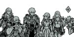  3boys 3girls armor assassin_cross_(ragnarok_online) belt blunt_bangs breastplate breasts cape cecil_damon chainmail cleavage closed_eyes closed_mouth commentary_request cowboy_shot crop_top cross dress eremes_guile fur-trimmed_cape fur-trimmed_gloves fur_trim gauntlets gloves greyscale hair_between_eyes high_priest_(ragnarok_online) high_wizard_(ragnarok_online) hime_cut howard_alt-eisen juliet_sleeves kathryne_keyron kusabi_(aighe) long_bangs long_hair long_sleeves looking_at_another lord_knight_(ragnarok_online) margaretha_sorin medium_bangs medium_breasts midriff monochrome multiple_boys multiple_girls navel open_mouth pants pauldrons puffy_sleeves ragnarok_online sash seyren_windsor short_hair shorts shoulder_armor sidelocks simple_background small_breasts smile sniper_(ragnarok_online) spiked_gauntlets swept_bangs tabard tripping whitesmith_(ragnarok_online) 