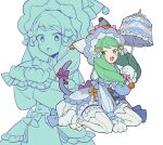  1girl animal_costume animal_hands bell blue_dress cat_costume cat_paws cat_tail do_m_kaeru dress fire_emblem fire_emblem_awakening fire_emblem_heroes fish flayn_(fire_emblem) flayn_(halloween)_(fire_emblem) green_eyes green_hair long_hair looking_at_viewer official_alternate_costume open_mouth parasol smile solo striped_leggings striped_sleeves tail umbrella white_background 