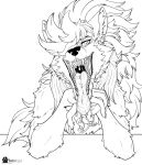  2023 anthro bodily_fluids canid canine canis claws crossed_arms drooling duel_monster fangs folgo_justice_fur_hire fur hair imminent_vore inner_ear_fluff looking_at_viewer male mammal mouth_shot on_counter one_eye_obstructed open_mouth saliva saliva_on_tongue saliva_string signature solo teeth tongue tongue_out tuft wolf yu-gi-oh! 