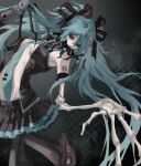  1girl abstract_background aqua_hair aqua_necktie black_sclera bug calne_ca cockroach colored_sclera crustacean hatsune_miku highres horror_(theme) insect_on_head isopod jiao_chang mandibles necktie red_eyes skeletal_arm vocaloid 