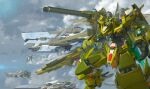  absurdres beam_rifle cloud dony_satriyo energy_cannon energy_gun english_commentary fleet flying glowing gunpod highres lights machinery mecha no_humans original robot science_fiction shoulder_cannon spacecraft takayama_toshiaki_(style) weapon 