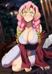  1girl :t anger_vein bird blush bottle braid breasts castell cleavage closed_mouth crow cup floral_print gradient_hair green_eyes green_hair heart heart_print highres japanese_clothes kanroji_mitsuri kimetsu_no_yaiba kimono large_breasts long_hair looking_at_viewer mole mole_under_eye multicolored_hair multiple_moles pink_hair pout raised_eyebrows sitting solo spill table tearing_up tears thighs twin_braids two-tone_hair yokozuwari 