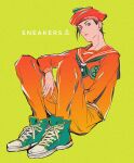 1boy anchor_symbol black_hair commentary_request english_text full_body green_background hat jojo_no_kimyou_na_bouken jojolion kira_yoshikage_(jojolion) long_sleeves looking_at_viewer male_focus mizudama sailor sailor_collar sailor_hat shoes simple_background sitting sneakers solo 