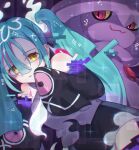  1girl absurdres aqua_hair detached_sleeves ghost ghost_miku_(project_voltage) glitch grey_shirt hair_between_eyes hatsune_miku highres long_hair mismagius necktie pokemon pokemon_(creature) project_voltage shirt skirt sleeves_past_fingers sleeves_past_wrists tomu_(adamu_shiny) twintails very_long_hair vocaloid will-o&#039;-the-wisp_(mythology) yellow_eyes 