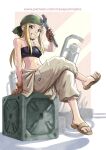  1girl black_tube_top blonde_hair blue_eyes brown_gloves crossed_legs earclip feet fullmetal_alchemist gloves grin head_scarf holding holding_wrench looking_at_viewer maxa&#039; navel sandals sitting smile solo strapless toenails toes tube_top winry_rockbell wrench 