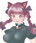  1girl :d animal_ears black_bow bow braid breasts cat_ears commentary_request dress extra_ears green_dress hair_bow hair_ribbon hashiro_fumi highres kaenbyou_rin light_blush long_hair medium_breasts open_mouth red_eyes red_hair ribbon short_sleeves simple_background smile solo touhou tress_ribbon twin_braids upper_body white_background 