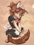  2023 anthro barefoot blep brown_body brown_fur brown_hair canid canine canis clothed clothing digital_media_(artwork) domestic_dog feet fur hair hi_res maid_uniform mammal pawpads simple_background solo tongue tongue_out uniform yshanii 