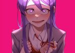  1girl artist_name blush doki_doki_literature_club grey_jacket hair_between_eyes hair_ornament hairclip jacket long_hair long_sleeves looking_at_viewer open_mouth orange_vest pink_background purple_eyes purple_hair r!0 red_ribbon ribbed_sweater ribbon school_uniform smile solo sweat sweater vest yuri_(doki_doki_literature_club) 