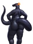  2023 anthro black_body black_skin butt cettus dragon frill_(anatomy) fritjof hands_on_hips hi_res looking_back male nude orange_eyes rear_view scalie simple_background slightly_chubby slightly_chubby_anthro slightly_chubby_male solo tail thick_tail white_background 