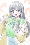  1girl :d black_hair blue_skirt boku_no_kokoro_no_yabai_yatsu brown_eyes coat food green_hoodie hand_up hood hoodie index_finger_raised long_hair looking_at_viewer open_mouth roasted_sweet_potato skirt smile solo sweet_potato teina yamada_anna yellow_coat 