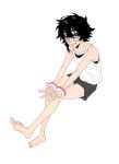  1girl alternate_costume bare_legs barefoot black_hair black_shorts blush collarbone foot_up glasses grin hair_between_eyes highres invisible_chair jiguang_haibao leaning_forward looking_at_viewer momijiyama_teru outstretched_arms shorts shy_(series) sitting smile solo tank_top teeth white_tank_top wrist_cuffs 