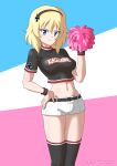  1girl absurdres black_shirt black_thighhighs blonde_hair blue_eyes blush breasts cheerleader closed_mouth dated drops_mint girls_und_panzer hairband hand_on_own_hip highres large_breasts looking_at_viewer midriff navel oshida_(girls_und_panzer) pom_pom_(cheerleading) shirt short_hair shorts signature smile solo thighhighs white_shorts 