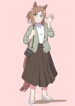  1girl alternate_costume animal_ears aoi_tenjiku bag blush brown_hair brown_skirt cardigan casual clover_hair_ornament commentary_request fine_motion_(umamusume) folded_ponytail full_body green_eyes grey_cardigan grey_footwear hair_between_eyes hair_bun hair_ornament handbag high_heels highres horse_ears horse_girl horse_tail long_skirt long_sleeves looking_at_viewer medium_hair multicolored_hair open_cardigan open_clothes shoes short_hair shoulder_bag simple_background skirt solo standing streaked_hair sweater tail umamusume waving white_hair white_sweater 