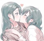  2girls absurdres aqua_hair aran_sweater bang_dream! blush bow braid brown_sweater cable_knit closed_eyes closed_mouth commentary face-to-face facing_another fingernails from_side green_eyes grey_background hair_behind_ear hair_bow hand_on_another&#039;s_shoulder hand_up heart highres hikawa_hina hikawa_sayo incest kiss long_hair long_sleeves looking_at_another medium_hair multiple_girls profile shirt siblings side_braid simple_background sisters sweater swept_bangs twincest twins upper_body white_background white_shirt yellow_bow yuri zihacheol 