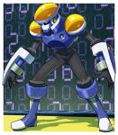  ._. 1boy blue_footwear commentary_request flashman.exe gossan male_focus mega_man_(series) mega_man_battle_network mega_man_battle_network_3 no_mouth red_eyes shadow solo 