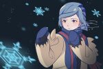 1boy blue_hair blue_mittens blue_scarf blurry breath commentary eyelashes glowing grey_eyes grusha_(pokemon) hands_up highres jacket looking_to_the_side male_focus mocacoffee_1001 night outdoors pokemon pokemon_(game) pokemon_sv scarf signature snowflakes solo striped striped_scarf symbol-only_commentary upper_body yellow_jacket 