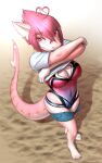  2023 absurd_res anthro bottomwear breasts cleavage_cutout clothing cutoffs denim denim_clothing eyebrow_through_hair eyebrows eyelashes feet female fish hair hi_res looking_at_viewer marine mykegreywolf one-piece_swimsuit pink_body pink_eyes pink_hair sand shadow shark shirt short_hair shorts shrimp_(uk_brony) solo swimwear topwear translucent translucent_hair undressing 