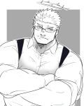  1boy bara bespectacled black_hair collared_shirt crossed_arms facial_hair flaming_halo glasses greyscale halo large_pectorals looking_to_the_side male_focus mature_male monochrome muscular muscular_male pectorals po_fu shirt short_hair solo stubble tokyo_afterschool_summoners upper_body zabaniyya_(housamo) 