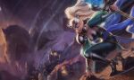  1girl armor bad_source black_pants blonde_hair boots breasts cleavage crowd high_heels holding holding_staff knee_boots knight league_of_legends long_hair long_sleeves medium_breasts official_art pants pointy_ears ponytail puffy_long_sleeves puffy_sleeves shoulder_armor solo_focus staff statue teeth victorious_janna warrior 
