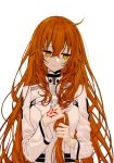  alternate_hair_length alternate_hairstyle command_spell fate/grand_order fate_(series) fujimaru_ritsuka_(female) fujimaru_ritsuka_(female)_(decisive_battle_chaldea_uniform) highres holding holding_hair kurenai_veni1 long_hair orange_hair simple_background solo very_long_hair white_background yellow_eyes 