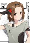  1girl absurdres black_hairband blush brown_eyes brown_hair chinese_commentary closed_mouth collarbone commentary_request copyright_name earrings food fruit grey_shirt hairband highres holding holding_food holding_fruit jewelry k-on! listen!! looking_at_viewer shirt short_hair short_sleeves solo strawberry tainaka_ritsu upper_body xian_yu_zhanshi 